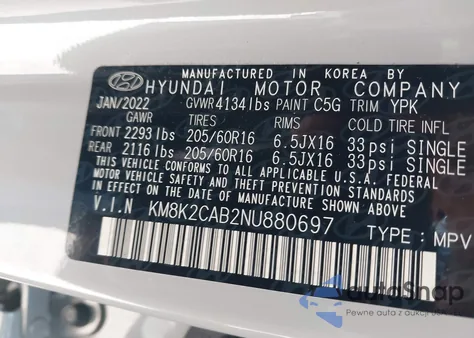 2022 Hyundai Kona Se z USA, uszkodzony, nr VIN KM8K2CAB2NU880697